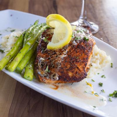 Salmon, parmesan risotto and asparagus.