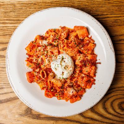 A serving of burrata pasta.