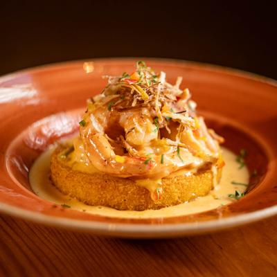 Shrimp and grits, served, closeup, front view