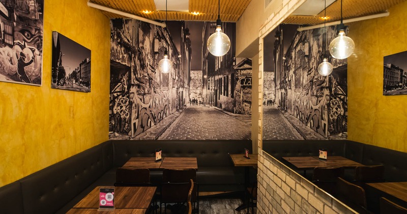 Interior, tables, chairs and banquette seating