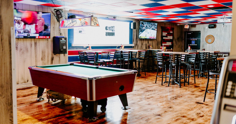 Interior, dining area with pool table