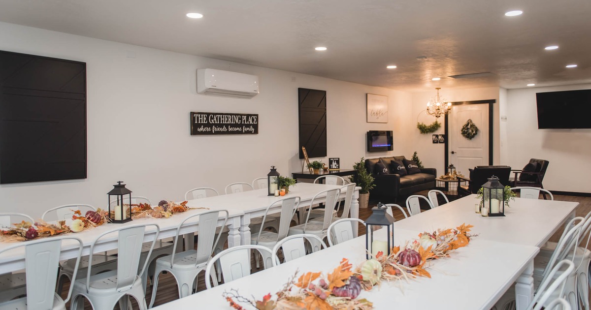 Interior, tables set for guest