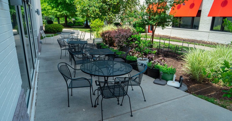 An outdoor patio with multiple round black tables and chairs, surrounded by greenery