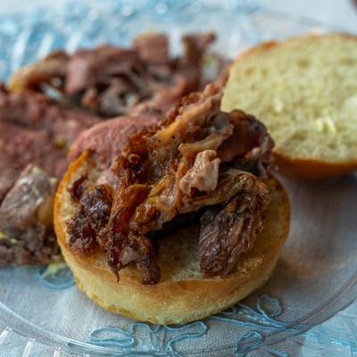 Steak sandwich on a bread roll.