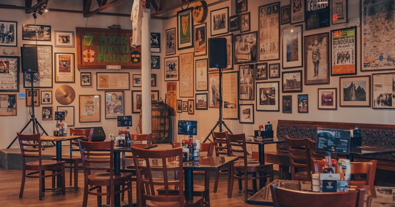 Seating area, decorated walls