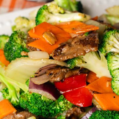 Beef and Broccoli stir-fry, close-up.