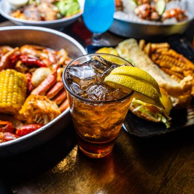 Served food and drinks on the table.