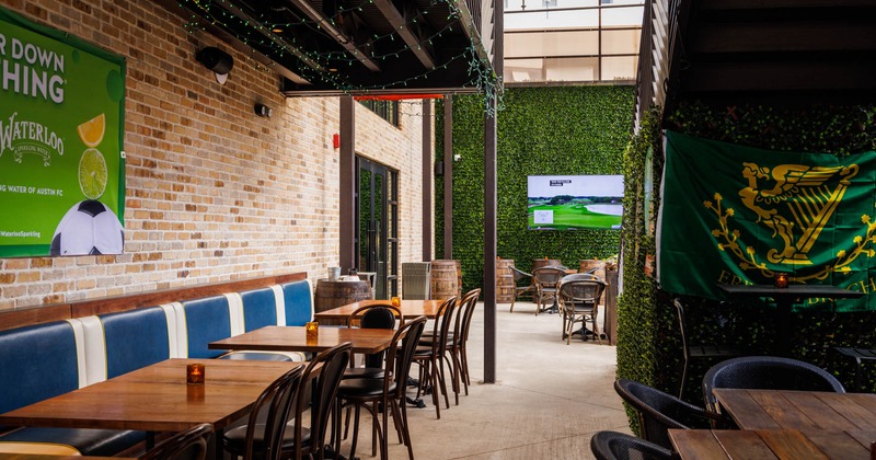 Covered patio, plant wall, banquette seating