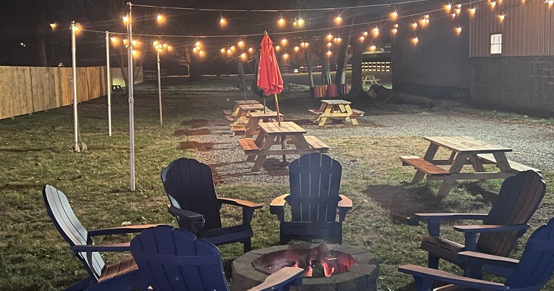 A serene backyard with comfortable chairs surrounding a cozy fire pit