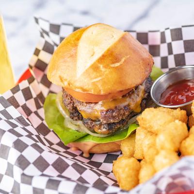 Burger with tater tots.