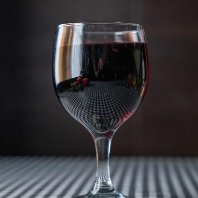 Close up of a glass of red wine.