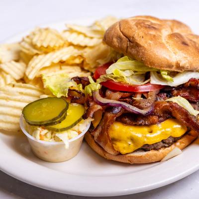Bacon cheeseburger and potato chips.