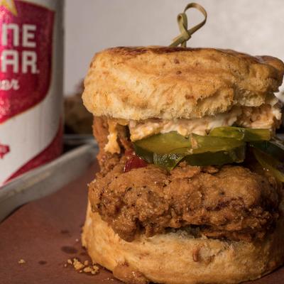 A served buttermilk fried chicken sandwich.