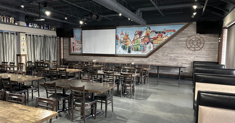 Interior, diner area, tables and chairs