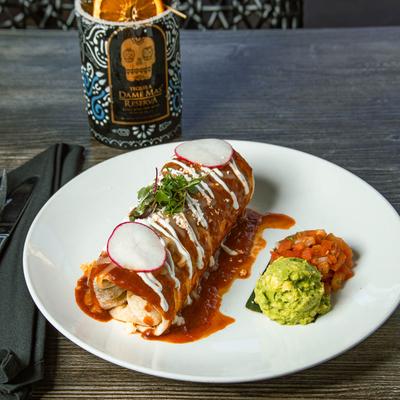 Chimichanga, guacamole, and salsa.