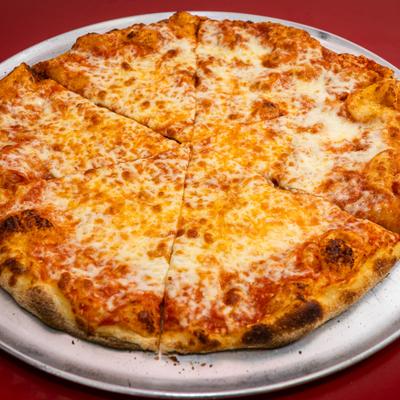 Cheese NY Style Pizza served on a metal tray.