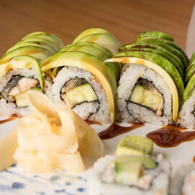 Close up shot of the Dragon sushi roll.