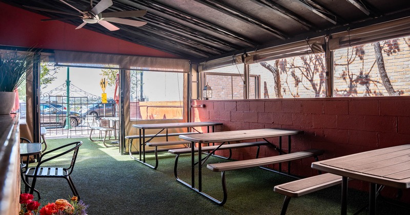 Exterior, covered patio, picnic tables