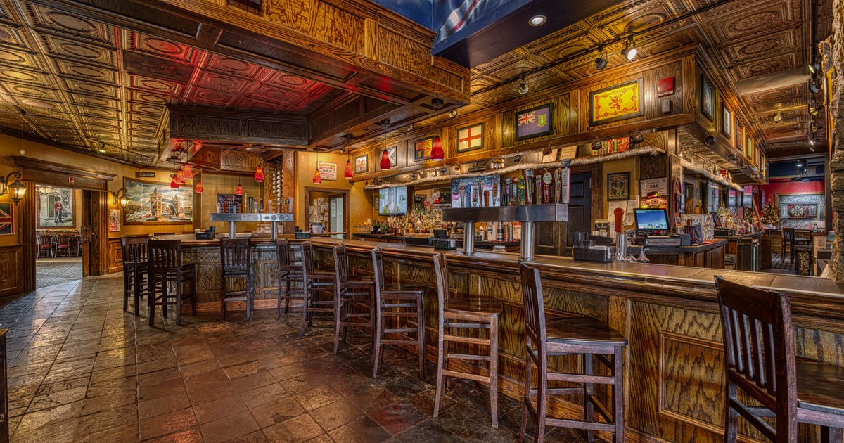 Interior, bar area, wooden top and front bar with wooden stools, beer taps