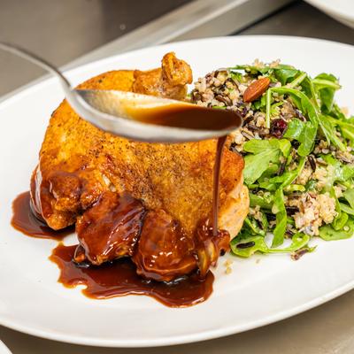 Organic chicken being served.