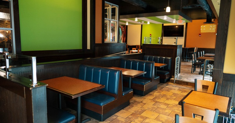 Inside, booths, tables and chairs