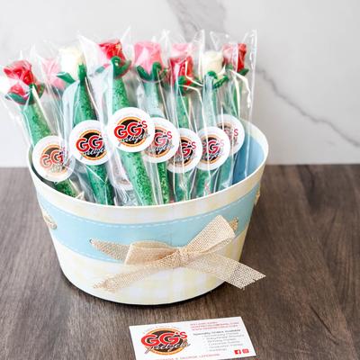A basket of rose shaped pretzels.