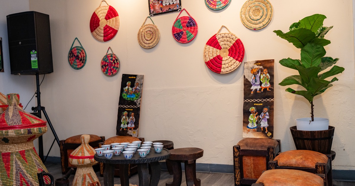 Coffee cups and wall decorations