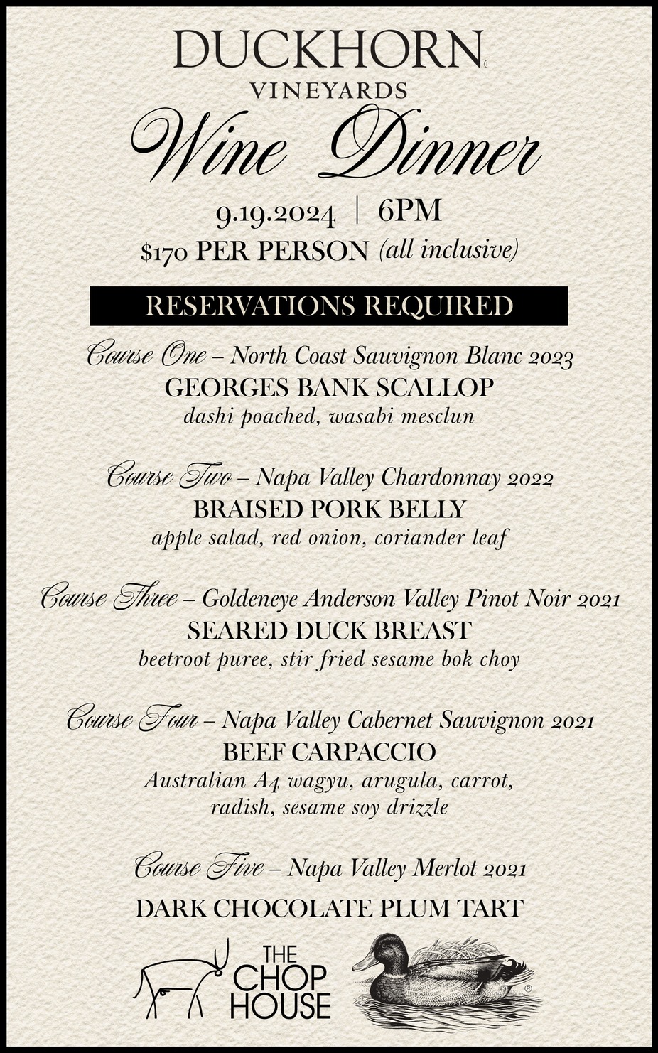 LAST CALL FOR TICKETS!  DUCKHORN VINEYARDS Wine Dinner event photo