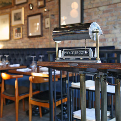 Reception desk, banquette seating