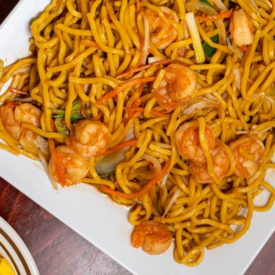 Shrimp Lo Mein, close up.