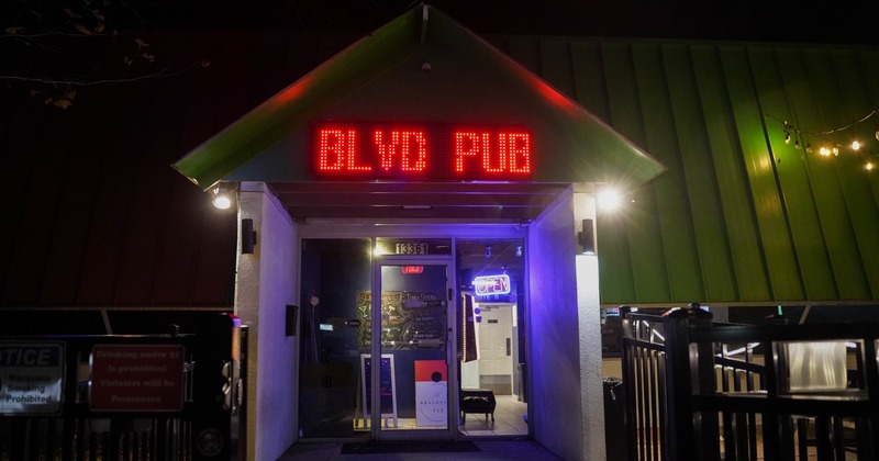 Front view to entrance in restaurant, night shot