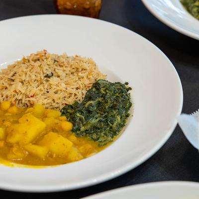 Curry Channa, with rice, and spinach.