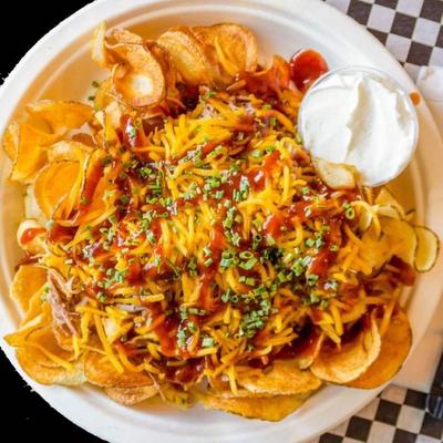 Loaded potato chips, with cheddar, scallions, BBQ sauce and sour cream.