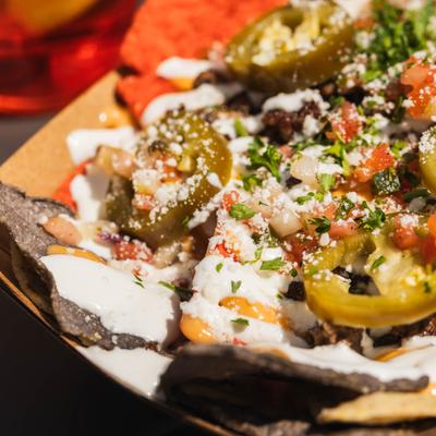 Loaded nachos, close-up.