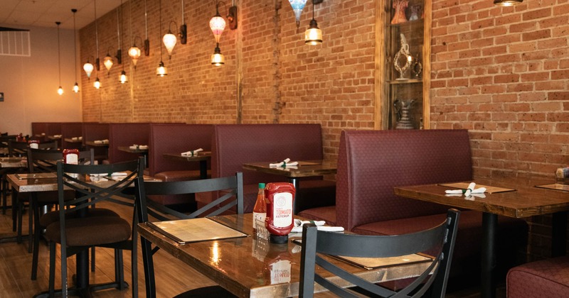 Interior, booths, tables and chairs