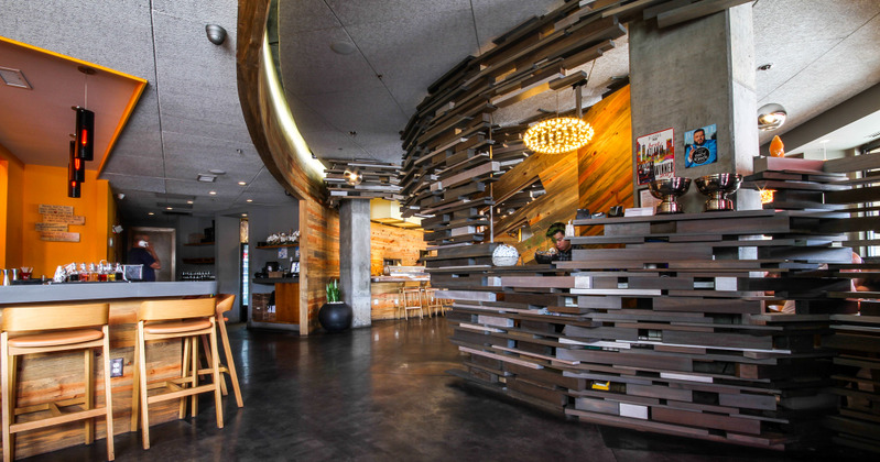 Interior, modern design, front desk counter, and bar area