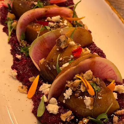Roasted beets, toasted walnuts, micro greens, feta & honey citrus balsamic reduction.