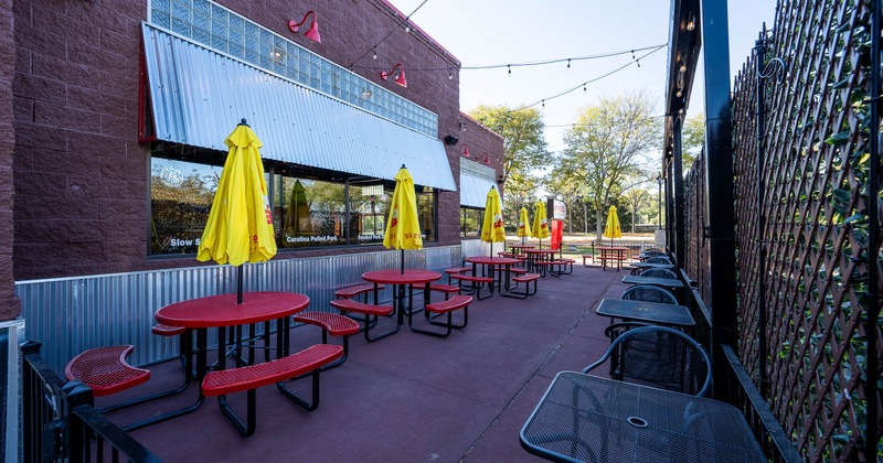 Interior, patio with yellow parasols