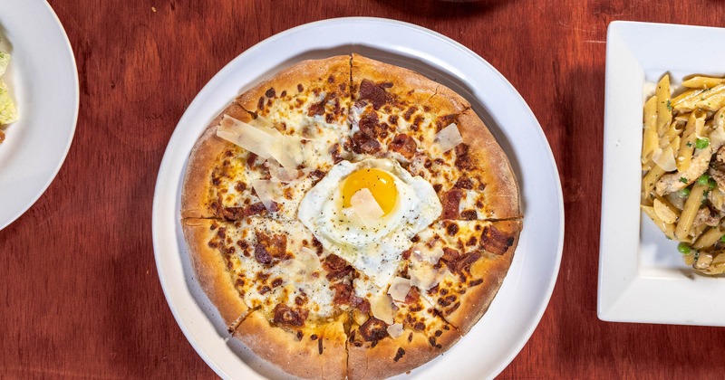 Pizza Carbonara, topped with a fried egg