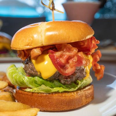 Wagyu Burger with lettuce, cheese and bacon.