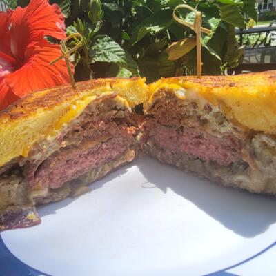 Bacon-jalapeno grilled cheese sandwich with smoked beef brisket.