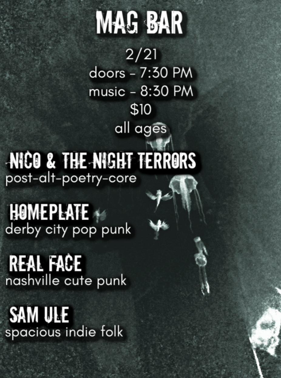 ALL Ages - NICO & THE NIGHT TERRORS  + Homeplate  + Sam Ule + Real Face at Mag Bar !! event photo