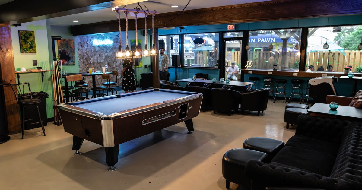 Interior, seating area, pool table