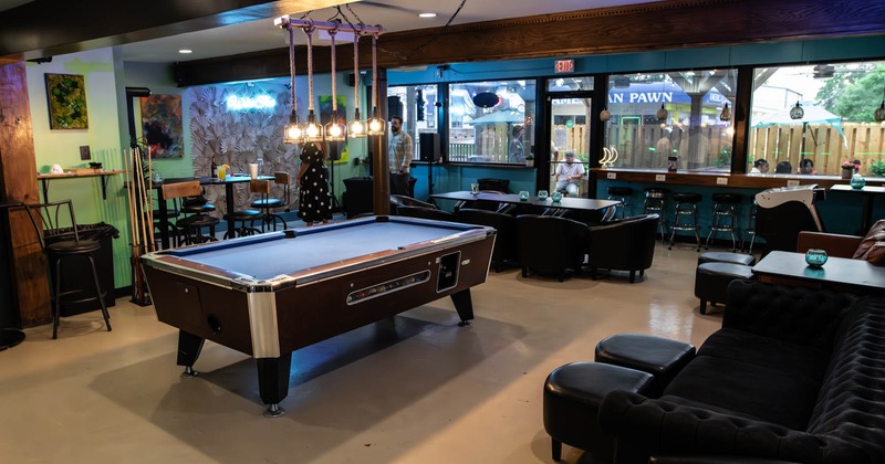 Interior, seating area, pool table