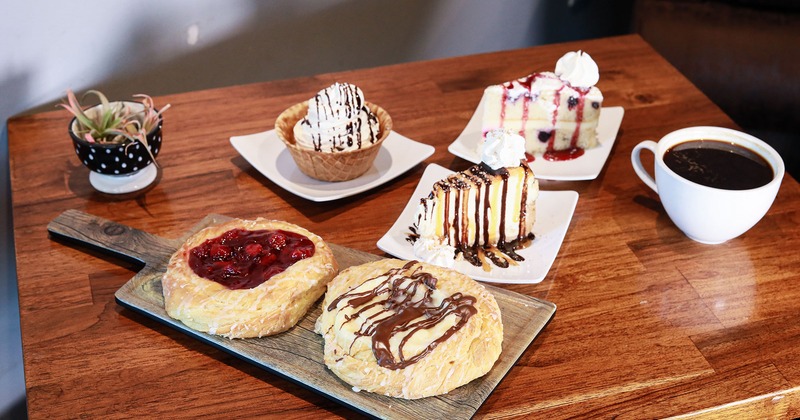 Assorted pastries and a cup of coffee