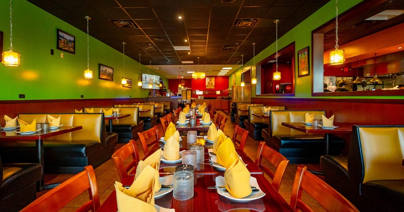 Interior, large table set and ready for guest