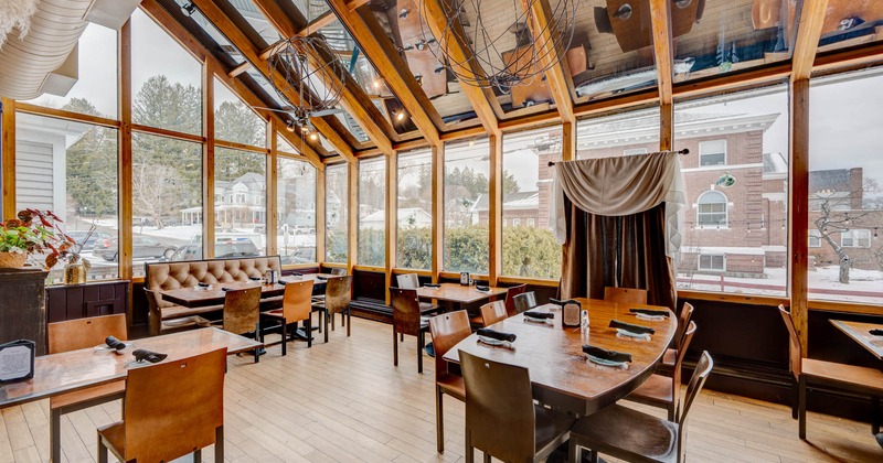 Interior, tables, chairs and high back benches