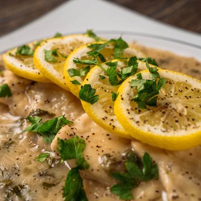 Chicken Piccata, close up.