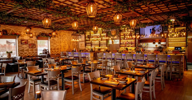 Interior, dining area, tables and chairs ready for guests, bar in the back