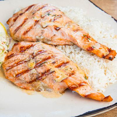 Grilled salmon with rice and cilantro slaw.